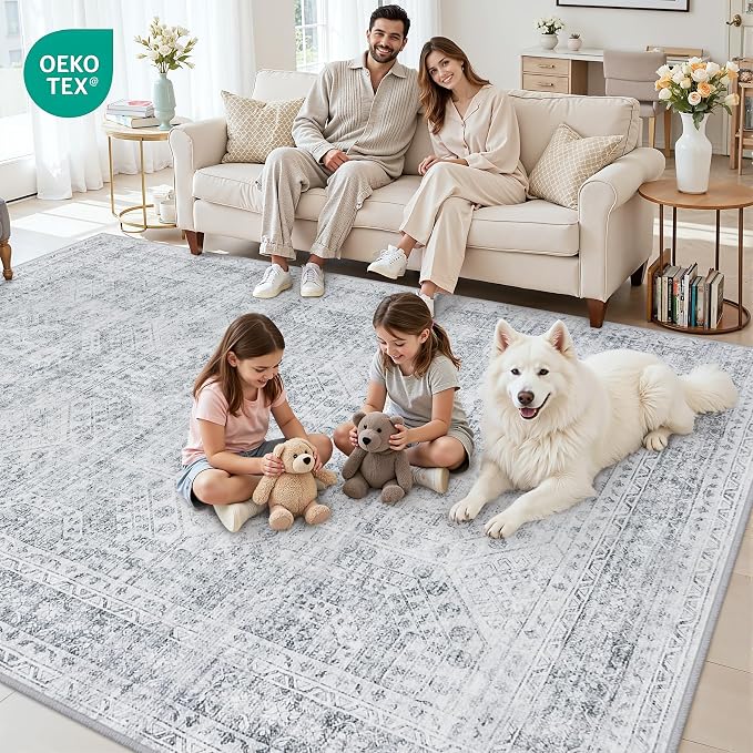 4x6 Area Rugs for Living Room: Vintage Boho Neutral Washable Rug Indoor Soft Large Area Rug Carpet for Bedroom Nursery Farmhouse Dining Room Office Floor Non-Slip Low Pile Under Table Rug Gray