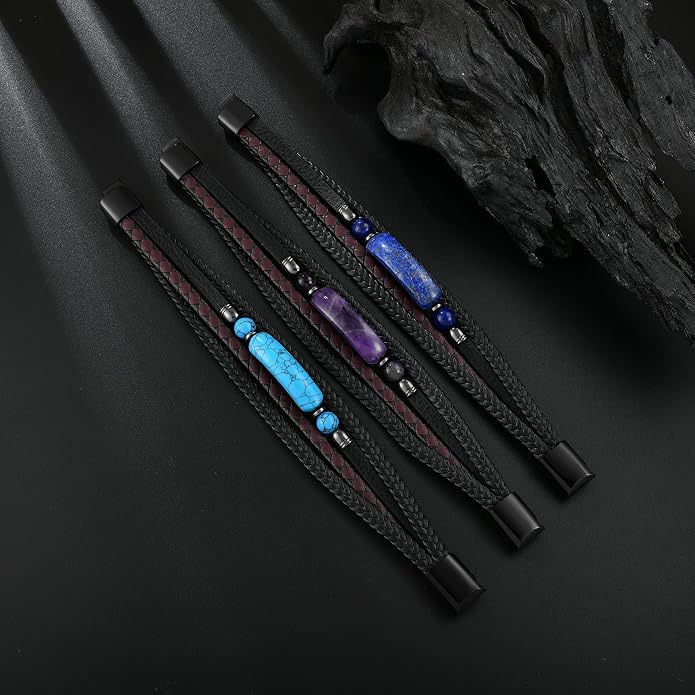 Mens Turquoise/Lapis Lazuli/Tiger Eye/Black Agate/Obsidian Leather Braided Bracelets for Father's Day/Birthdays/Graduation Jewelry Wristband Cuff Bracelet with Stainless Steel Clasp