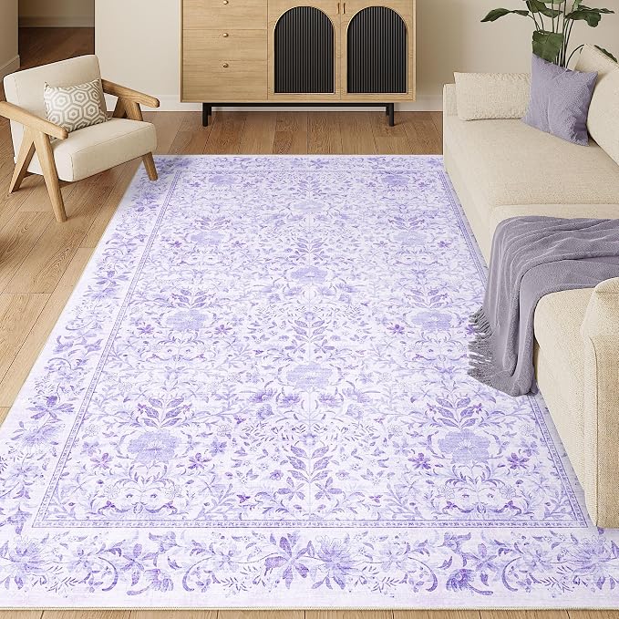 DUKINO 6x9 Area Rug, Vintage Floral Washable Rugs for Living Room, Purple | Non Slip, Low Pile, Non-Shedding, Soft Indoor Large Carpet for Bedroom, Office, Dining Room, Farmhouse, Nursery, Home Decor