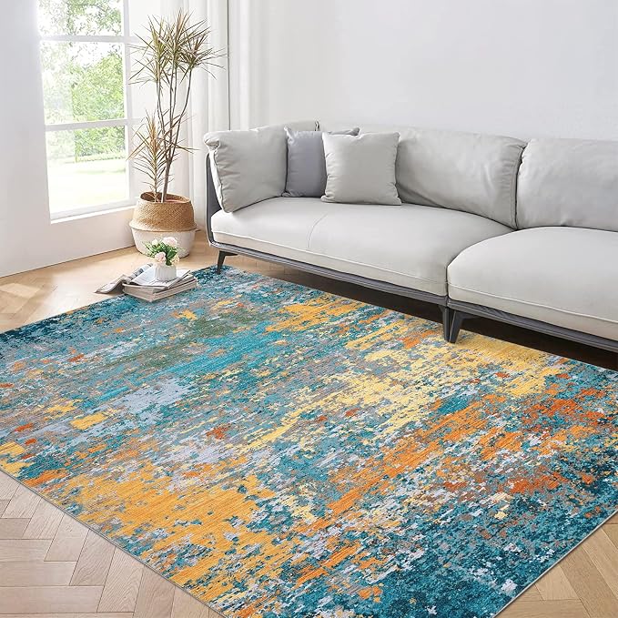 ROYHOME 10x13 Modern Abstract Faux Wool Rug for Living Room, Multi Color | Low Pile Ultra Soft Stain Resistant Non Slip Non Shedding Throw Rug for Bedroom Home Decor