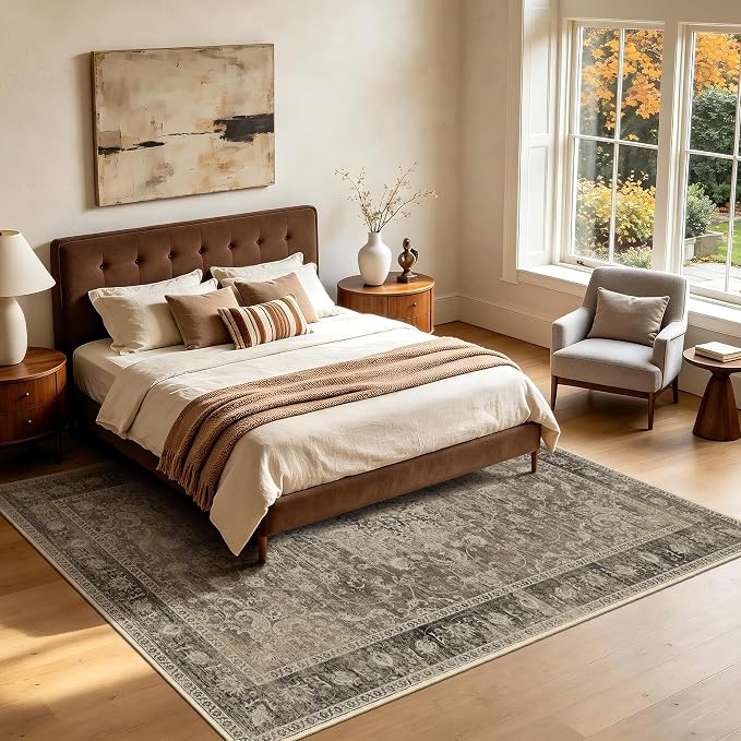 5x7 Area Rugs, Vintage Medallion Carpet for Living Room, Brown | for Bedroom and Dining Room, Washable Low Pile Indoor Rug with Non-Slip Silicone Backing, Non-Shedding Stain Resistant