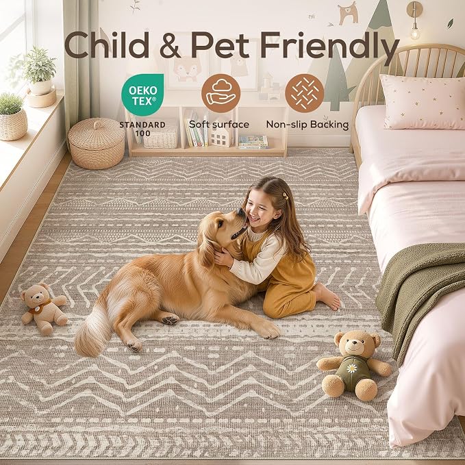 Nakagishi Area Rug Living Room Rugs: 11x15 Large Soft Machine Washable Boho Moroccan FarmNeutral Stain Resistant Indoor Floor Carpet for Bedroom Under Dining Table Home Office Decor-Dark Brown
