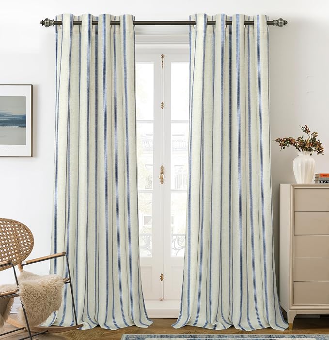 DriftAway Farmhouse Stripe Blackout Curtains, W52xL102, Navy Blue | Blackout, Linen Texture, Stripe Pattern, Rod Pocket & Back Tab, Two Layers, Bedroom Living Room Use, Sound Reducing Design