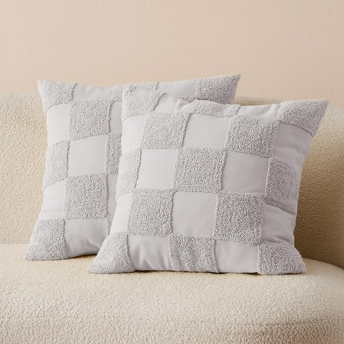 Double Stitch Checkered Throw Pillow Covers - 100% Cotton Set of 2 Tufted Boho Decorative Pillow Covers 20x20, Made in India, Square Cushion Case, Modern Home Decor for Couch, Sofa, Winter Sky
