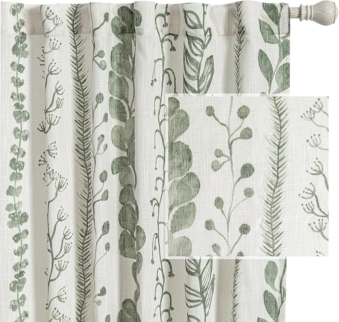 MEETSKY Sage Green Curtains 84 Inches Long 2 Panels Boho Curtains for Living Room Light Filtering Patterned Drapes for Bedroom Linen Style Back Tab Leaf Print Window Treatment, 50” Wide Each Panel
