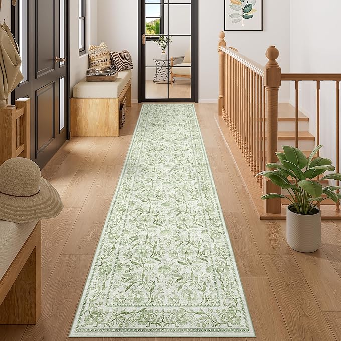 DUKINO 2x10 Runner Rug for Hallway, Washable Vintage Floral Rug, Sage Green | Non Slip, Low Pile, Non-Shedding, Stain Resistant Soft Long Runner Carpet for Kitchen Bathroom Entryway Bedroom Farmhouse