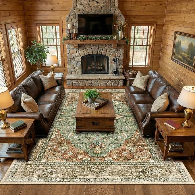 RELEANY Area Rugs Large 9'x12' Washable Non-Slip, Floral Vintage Distress Medallion Carpet for Living Room Bedroom Dining Room, Terracotta Burnt Orange Green