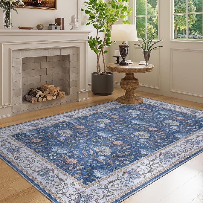 DUKINO 4x6 Area Rug, Washable Vintage Floral Rug for Living Room, Sky Blue | Non Slip, Low Pile, Stain Resistant Boho Lightweight Soft Indoor Carpet for Bedroom Office Dining Room Entryway Farmhouse