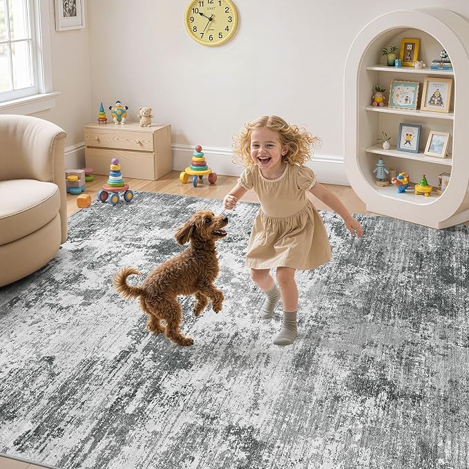 UERMEI 8x10 Area Rug for Living Room - Washable Neutral Modern Abstract Carpet, Non-Slip Soft Large Indoor Floor Rugs for Bedroom Home Office & Under Dining Table Decor, Grey Black