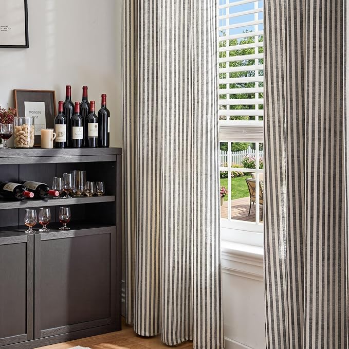 jinchan Linen Curtains 84 Inch Black Stripe on Beige Back Tab 2 Panels | Curtains For Living Room Bedroom,Ticking Stripe, Farmhouse Cottage Core Rustic,Rod Pocket Window Treatment,Light Filtering