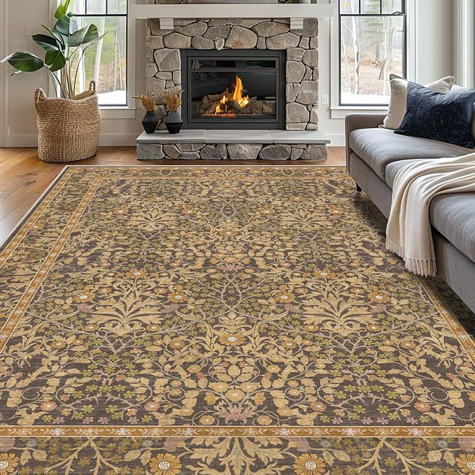 9x12 Washable Area Rugs for Living Room, Stain Resistant Vintage Rugs for Dining Room Under Kitchen Table, Bedroom, Floral Low Pile Non-Slip Large Carpet (9 x 12 Goldenrod)