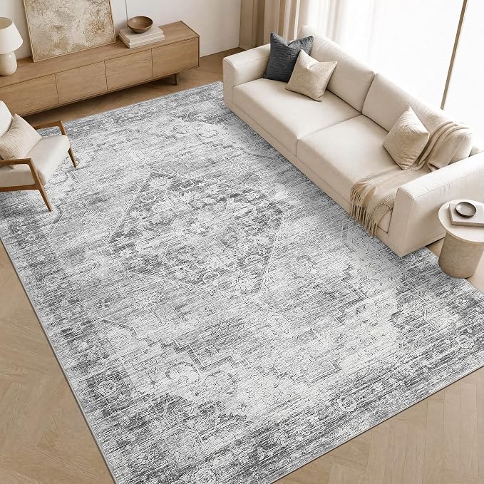 Garvee Grey 6x9 Area Rugs for Living Room, Boho Vintage Non-Slip Washable Low-Pile Stain Resistant Soft Carpet for Bedroom Home Office Nursery Kitchen Room Decor