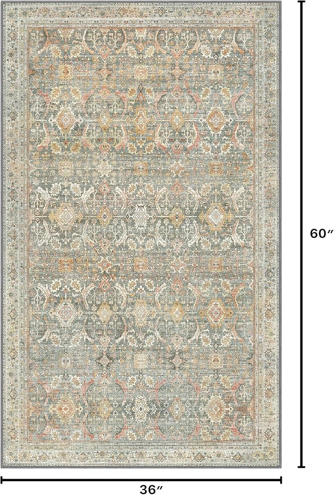 BESBLEE 3X5 Area Rugs Machine Washable Rugs for Living Room, Vintage Boho Large Rugs for Bedroom Dining Room, Non Slip Indoor Soft Distressed Lightweight Thin Low Pile Carpet, Turmeric