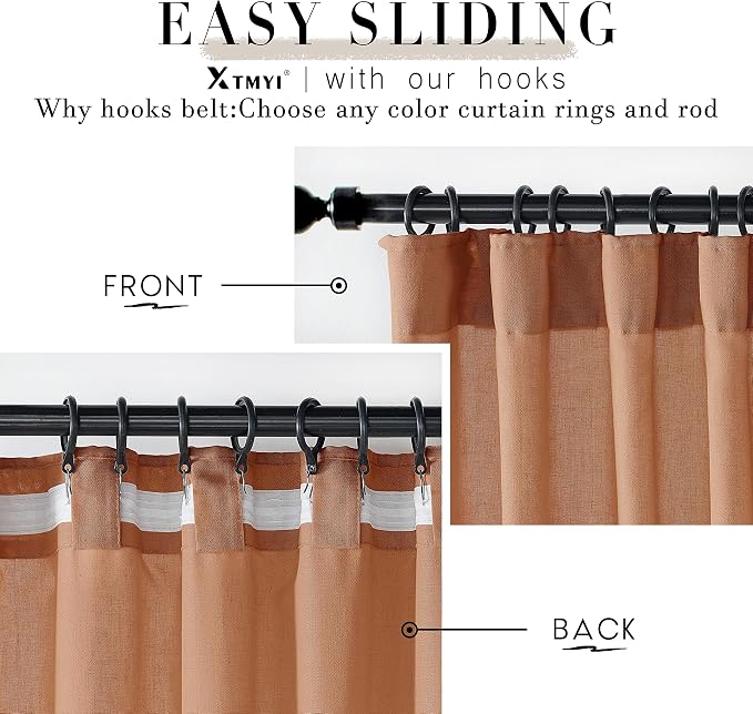 XTMYI Terracotta 90 Inch Length 2 Panels Back Tab/Hook Belt Linen Cotton Sheer Curtains for Bedroom Set