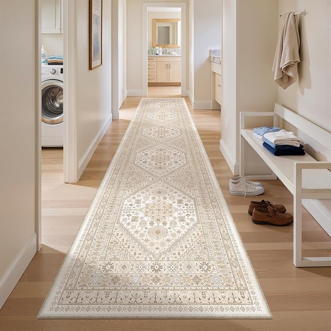 zesthome 2x12 Runner Rug, Long Hallway Rugs for Dining Room, Living Room, Bedroom, Machine Washable Kitchen Carpet Runner with Rubber Backing, Soft Low Pile Indoor Rug (Cream/Beige,2'x12')