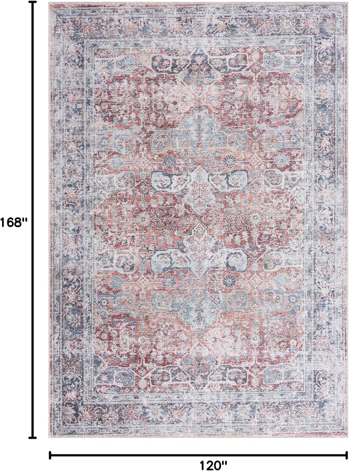Bloom Rugs Washable Non-Slip 10x14 Rug - Brick/Dark Blue Traditional Oriental Area Rug for Living Room, Bedroom, Dining Room, and Kitchen - Exact Size: 10' x 14'