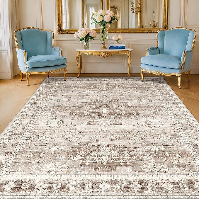 Washable Boho 6x8 Area Rug for Living Room - Vintage Beige Dining Room Rug Under the Table, Low Pile Non-Slip Rugs for Bedroom, Office - Charming Geometric Decor & Stain Resistance (6x8 Beige/Latte)