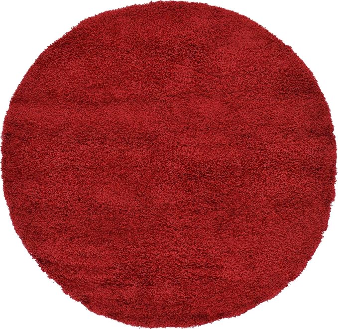 Unique Loom Solid Shag Collection Area Rug (6' 1" Round, Cherry Red) | Modern solid area rug for dining room, entryway & bedroom. Stain-resistant, easy-care, kid & pet friendly