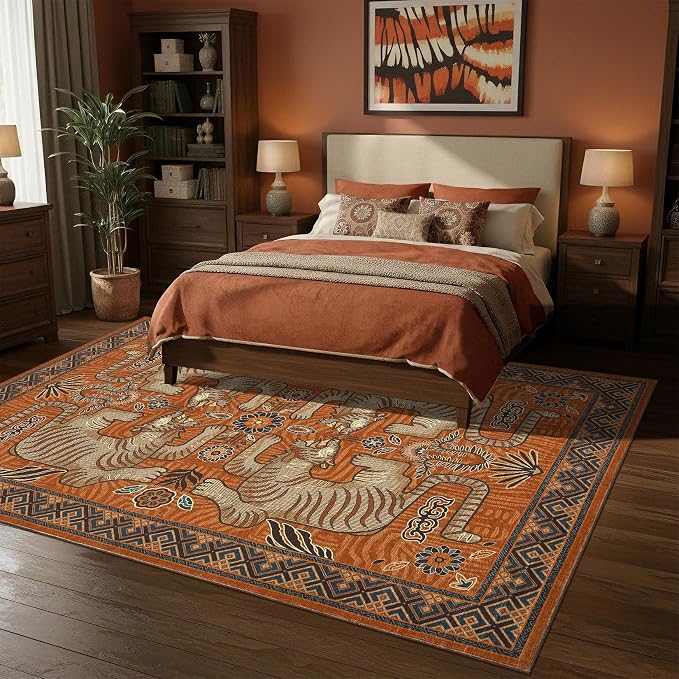 GarveeHome Tiger Print 6x9 Area Rugs, Boho Terracotta Washable Rugs for Living Room, Vintage Tribal Soft Animal Throw Rug Non Slip Ultra Thin Stain Resistant Floor Carpet for Bedroom Dining Room