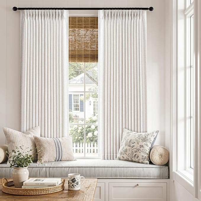 MIULEE Pinch Pleated Thick Linen Curtains 63 Inches Long 2 Panels for Dining Living Room Bedroom, Memory Trained Drapes Pleat Back Tab Light Filtering Natural Short Window Curtains with Hooks&Rings