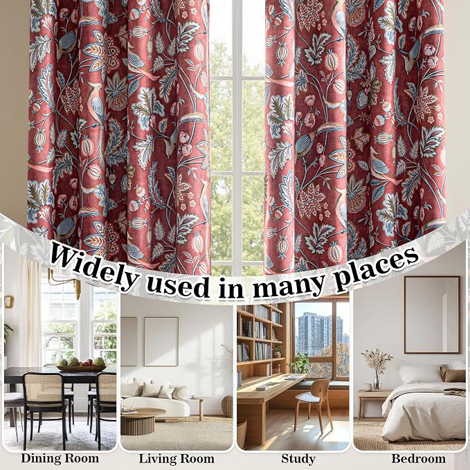 MYSKY HOME Floral Boho Blackout Curtains & Drapes 95 inch Curtains 2 Panels Set for Living Room Bedroom Vintage Farmhouse Curtains Heat Block Sound Reduce Drapes with Patterned Bird Design, 52" Wide