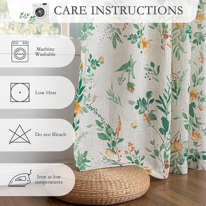 MYSKY HOME Linen Floral Curtains 63 inches Long 2 Panels Set for Bedroom, Sage Green Curtains Light Filtering Privacy Protect Farmhouse Style Decorative Drapes Back Tab for Home, 50" Wide Each Panel