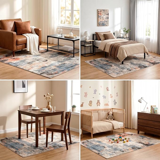 Washable Area Rugs for Living Room, Water Resistant Abstract Carpet for High Traffic Pet Homes with 0.3 Inch Low Pile Cotton-Backed Non-Slip Silicone Grip, Terracotta Blue, 3'x5'