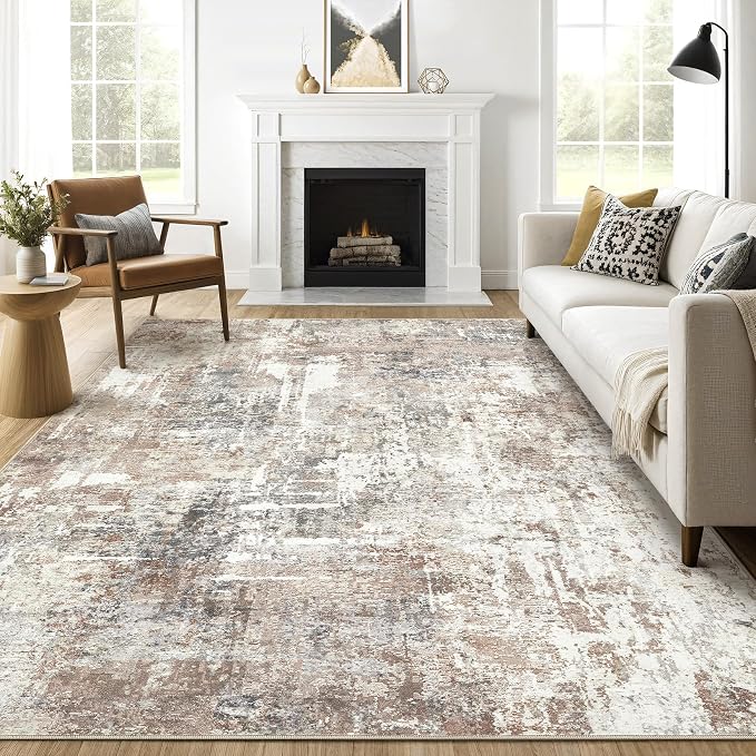 8x12 Area Rug Living Room: Washable Large Abstract Modern Soft Rugs Stain Resistant Indoor Floor Non-Slip Accent Carpet for Bedroom Nursery Playroom Office Dining Room Home House- Brown