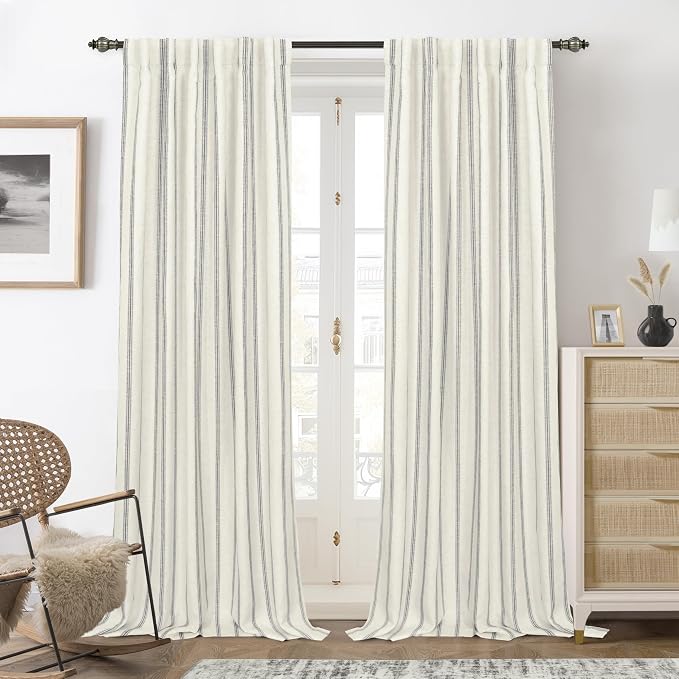 DriftAway Farmhouse Stripe Blackout Curtains, W52xL84, Gray | Blackout, Linen Texture, Stripe Pattern, Rod Pocket & Back Tab, Two Layers, Bedroom Living Room Use, Sound Reducing Design