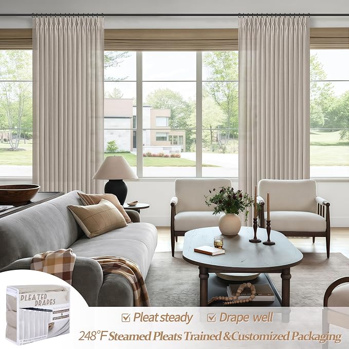 Memory Trained Pinch Pleated Greyish Brown Bedroom Curtains 94 Inches Long, Light Filtering Thick Natural Linen Semi Sheer Privacy Modern 94-96 Inch Windows Curtain & Drapes with Back Tab 2 Panel Set