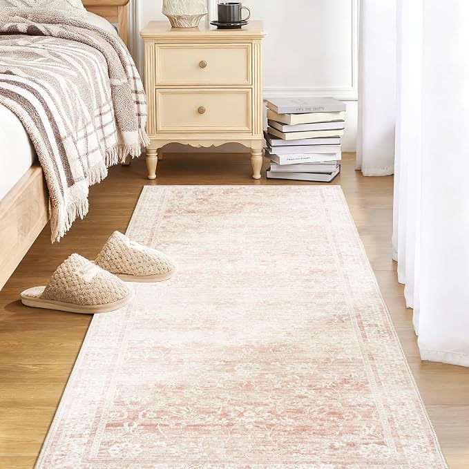Pink Boho Runner Rugs for Hallway Bathroom Non Slip Cute Bed Side Bedroom Rug 2x6 Light Pink Low Pile Floral Distressed Rugs for Kitchen Washable Stain Resistant Carpet for Laundry Room 2 x 6