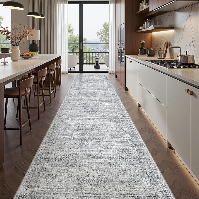 2x12 Runner Rug Non Slip,Washable Hallway Runner Rug,Grey | Long Neutral Rugs for Kitchen,Entryway,Bedroom,Bathroom,Laundry Room,Thin,Soft Runner Rug,Stain Resistant Indoor Carpet