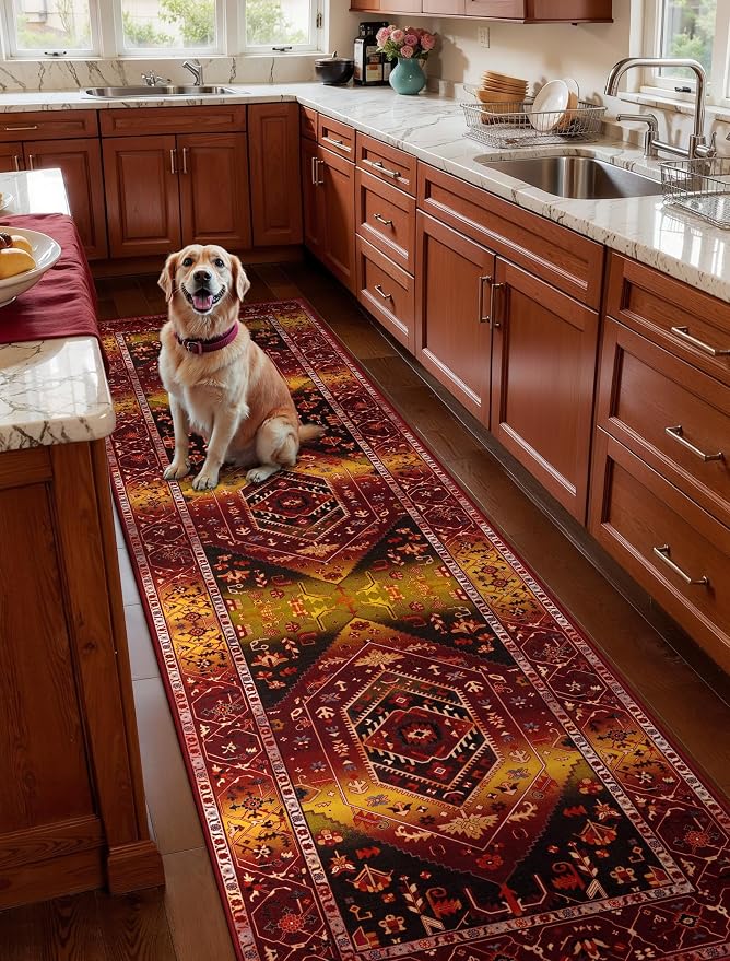 SERISSA Runner Rug for Hallways, 2'6"x8' Washable Non Slip Kitchen Runner Rug, Long Boho Rug Vintage Rustic Red Gold Hallway Stair Ultra Soft Print Floor Carpet for Bedroom Bathroom Laundry Room