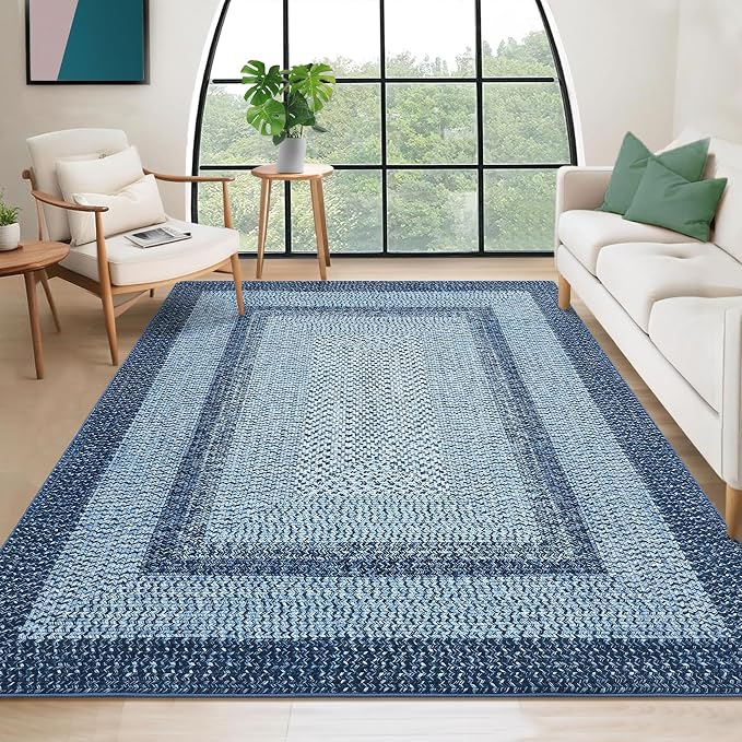 RUGSREAL 8x10 Braided Print Area Rug Washable Rug Non Slip Farmhouse Rustic Floor Carpet Boho Dining Room Carpet Modern Geometric Throw Floor Cover Bohemian Border Rug for Living Room Bedroom, Blue