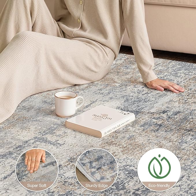 cotiled 5x7 Area Rugs Abstract Soft Non Slip Washable Living Room Rug | Stain Resistant, Robot Vacuum & Pet Friendly, Low-pile, For Living Room, Bedroom, Dining Table, Nursery Blue/Brown