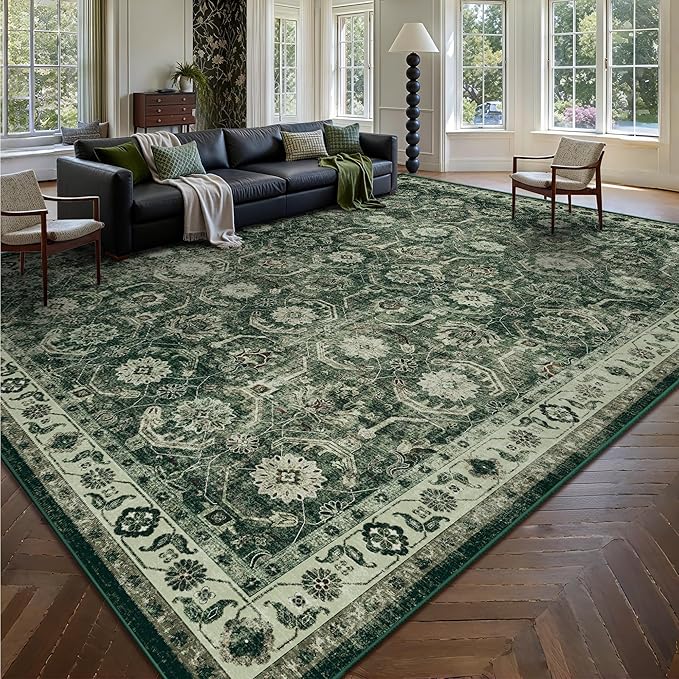9x12 Area Rug, Soft Non Slip Low Pile Washable Rug, Boho Modern Large Rug for Living Room, Bedroom, Dining Room, Sage Green