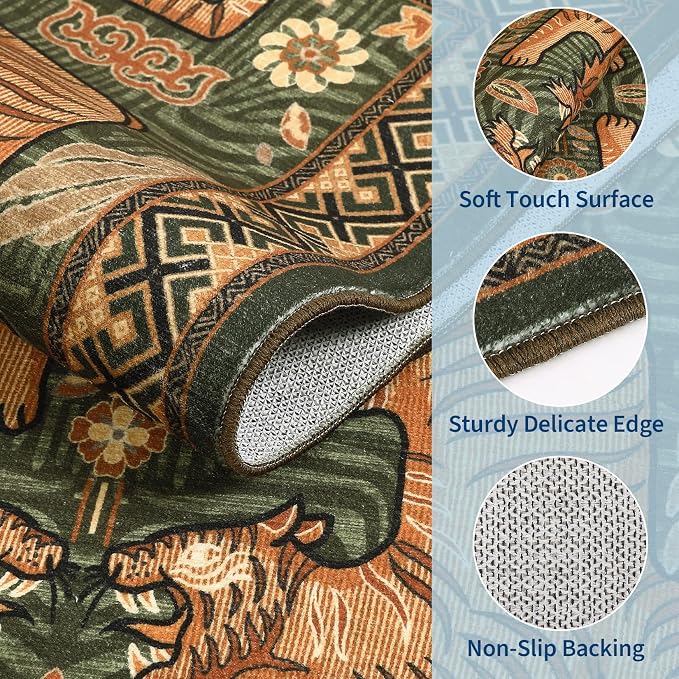 GarveeHome Tiger Round Area Rugs for Living Room, 8ft Boho Green Animal Print Circle Rugs Non Slip, Washable Vintage Tribal Floor Carpet for Dining Room Entryway Nursery Playroom Office