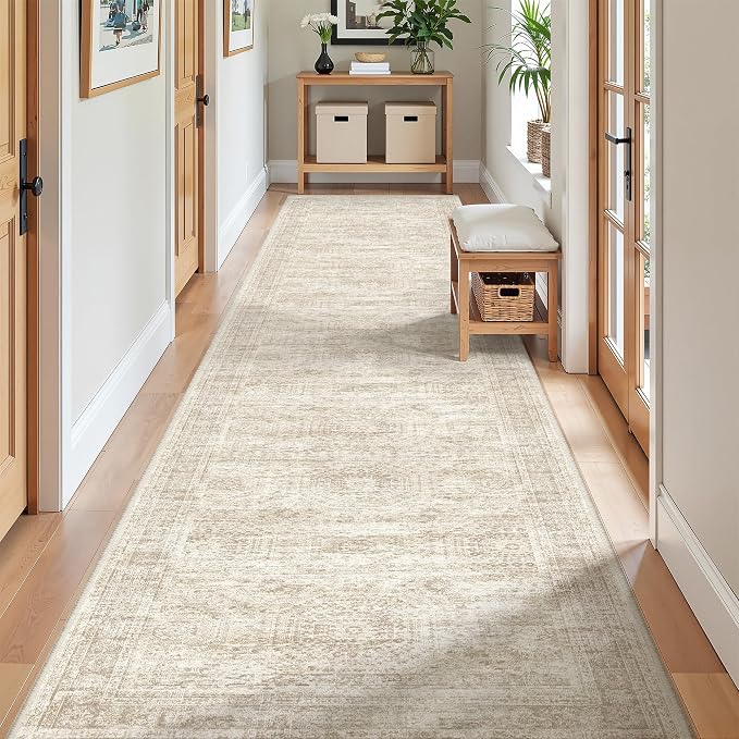 2'6 x 12' Runner Rug Non Slip,Washable Kitchen Rugs,Beige | Carpet Runners for Hallway 12ft,Entryway,Bedroom,Living Room,Thin,Soft, Long Rug,Stain Resistant Indoor Carpet