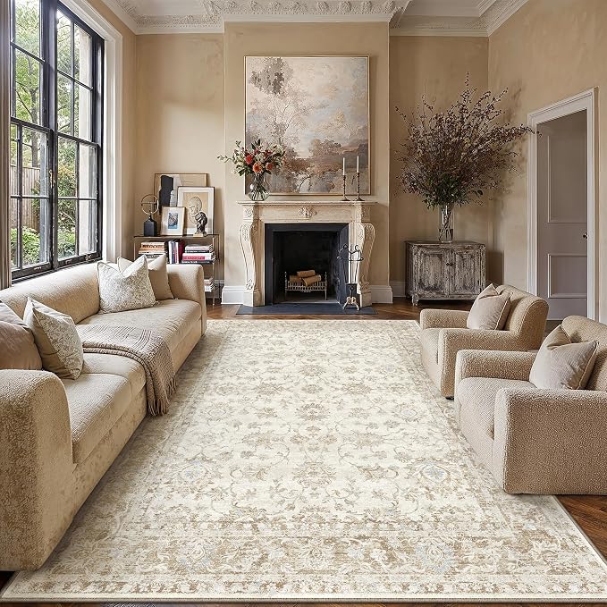 8x10 Washable Neutral Area Rug for Living Room Bedroom Beige Floral Soft Non Slip Rug Low Pile Distressed Carpet for Dining Room Nursery Office Indoor
