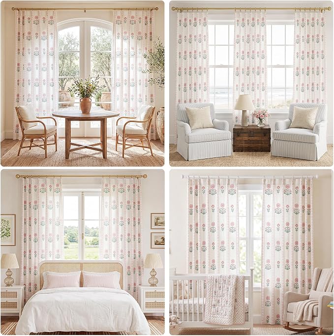 THREE GIRLS Pinch Pleated Light Filtering Linen Blend Floral Block Print Curtains for Girls Room, Nursery, Living Room, Modern Farmhouse, Memory Trained, Hooks, 2 Panels Set, 40"x108", Pink