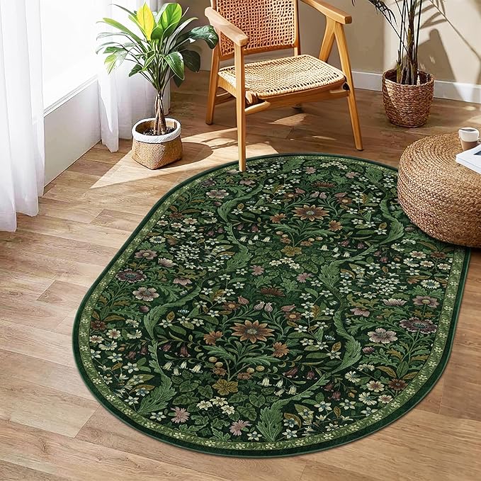 3x5 Oval Rug Dark Green Floral Washable Rug,Soft Lightweight Low Pile Non-Shedding Carpet,Machine Washable Stain Resistant Non-Slip for Entryway,Bedroom,Mudroom,Living Room