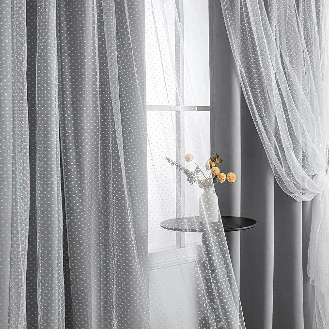 MYSKY HOME 65% Blackout Curtains for Girls Bedroom & Nursery Kids Grey Cute Curtains Double Layer with Polka Dots Sheer, Grommet Tops, 52x84 Inch Each Panel, 2 Panels