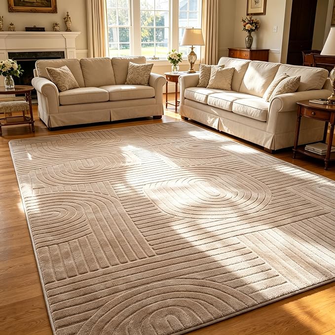 Brown Geometric 5x7 Solid Area Rug, Washable for Living Room Bedroom | Ultra Soft Thick Boho High-Low Pile Texture Indoor Carpet, Fluffy, Non-Slip Rugs for Bedroom, Kids Room, Nursery, Home Office