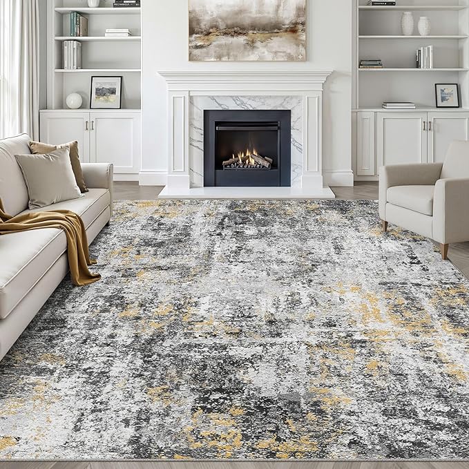 9x12 Area Rug Living Room: Washable Large Neutral Rug Abstract Soft Modern Stain Resistant Indoor Floor Non-Slip Carpet for Bedroom Nursery Kids Office Playroom Dining Room Under Table- Black Gold
