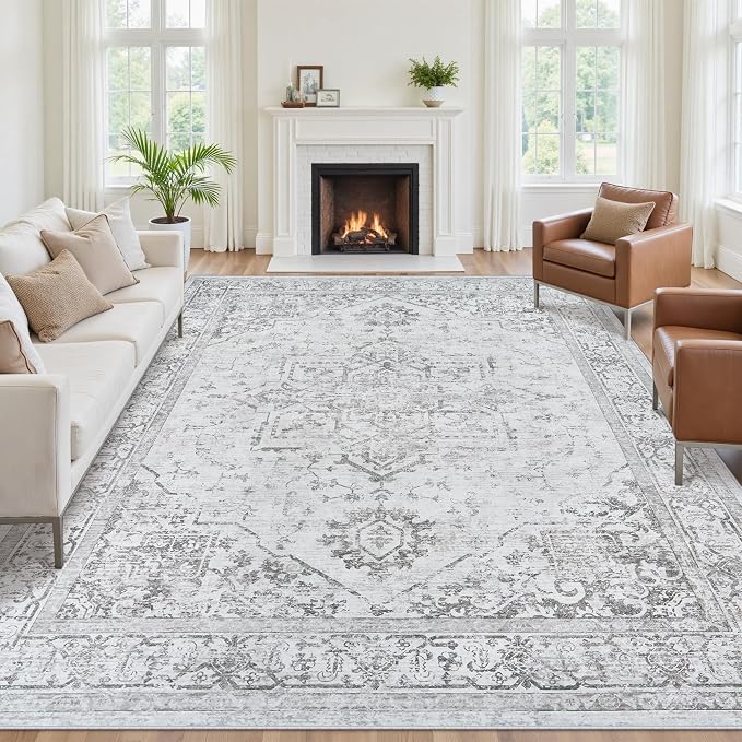 8x10 Area Rugs for Living Room:Washable Vintage Medallion Rug Non-Slip Soft Low Pile Gray Large Rugs Indoor Retro Carpet for Bedroom Kitchen Nursery Dining Table Office (Gray, 8'x10')