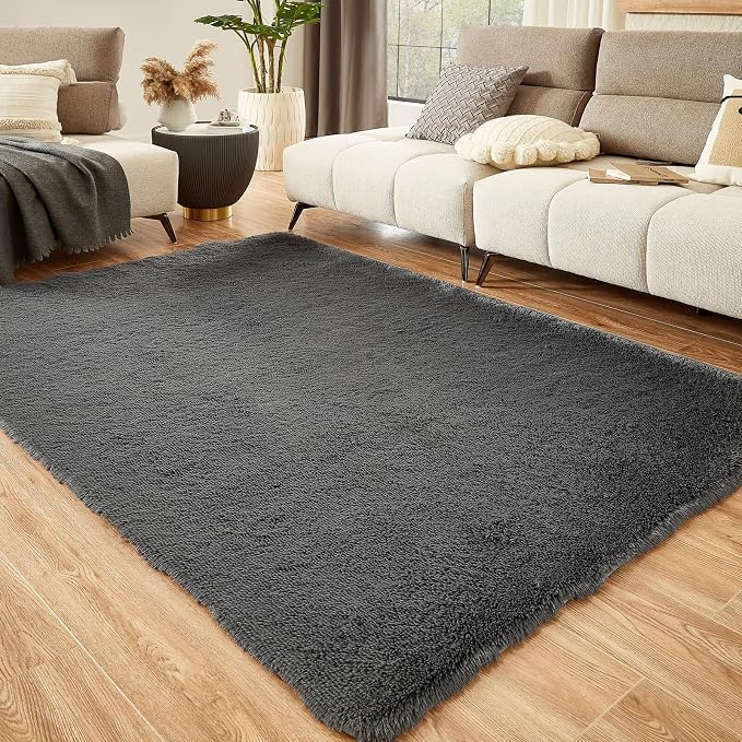 Floralux Bedroom Rugs 6x9, Dark Grey Shag Area Rug, Ultra Soft Fluffy Furry Carpet for Bedroom, Non-Slip Indoor Floor Carpets for Kids Boys Girls Dorm, Nursery, Home Decor Aesthetic