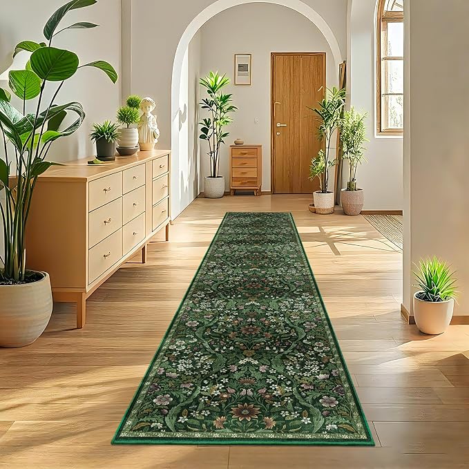 2x10 Washable Runner Rug,Dark Green Floral Kitchen Rugs for Hallway,Low-Pile Non-Slip Stain Resistant Carpet for Kitchen, Bedside,Laundry Room,Entryway