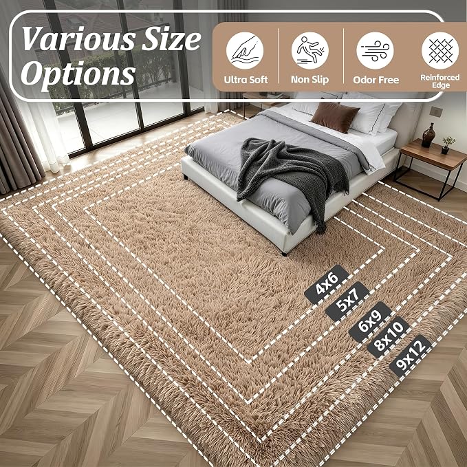 Fluffy Area Rugs 9x12 Living Room Bedroom: Ultra Soft Shag Rug Upgrade Non-Slip Non-Shedding Large Fuzzy Plush Carpet Indoor Floor Carpets for Kids Room Playroom Nursery Dorms Home Decor Beige