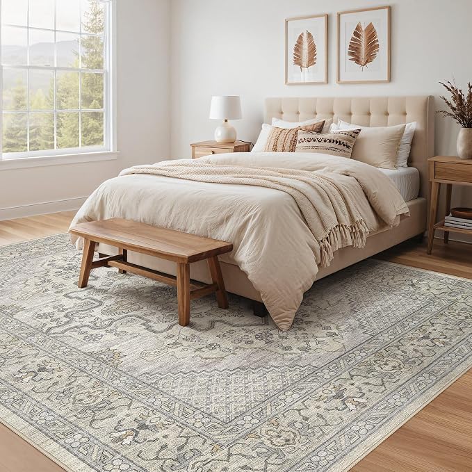 Tortania Area Rug Living Room Rugs - 10x14 Washable Boho Rug Vintage Oriental Distressed Farmhouse Large Thin Indoor Carpet for Living Room Bedroom Under Dining Table Home Office - Beige Linen