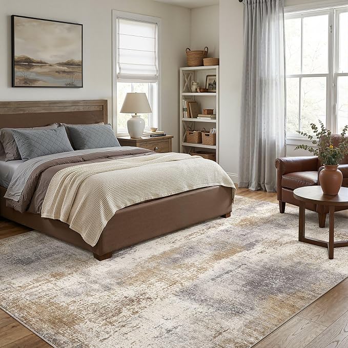 DMOYEST Area Rug Living Room Rugs - 7x9 Washable Large Soft Indoor Neutral Modern Abstract Low Pile Rug Carpet for Bedroom Dining Room Farmhouse Home Office - Brown Grey